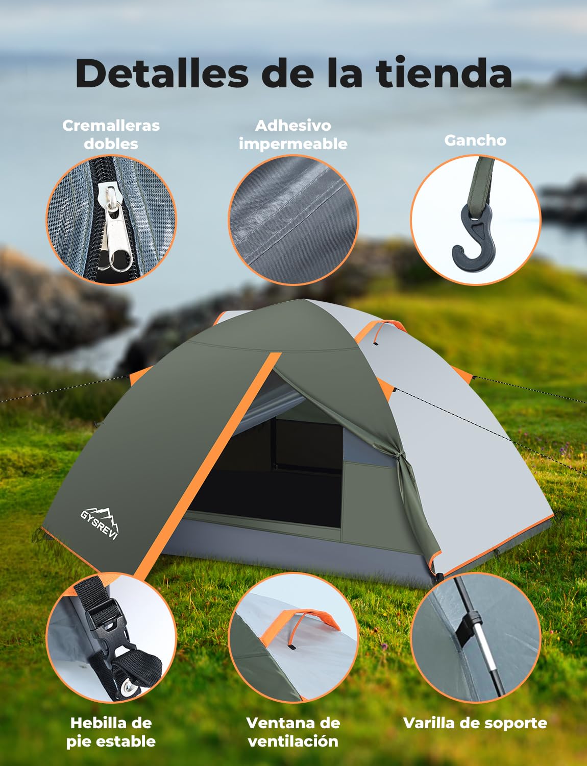 Tienda de Campaña 2-3 Personas Impermeable a Prueba de Viento Doble Capa Portátil Ultraligera