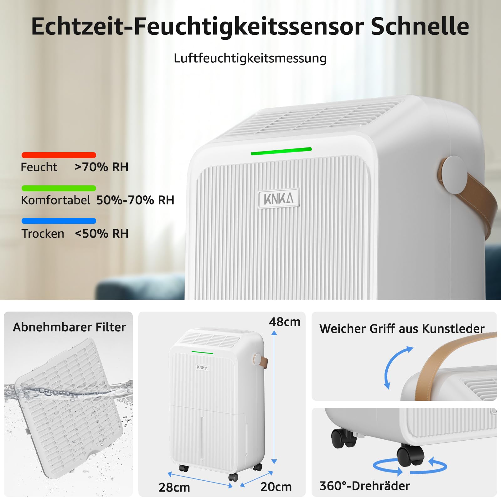 KNKA Luftentfeuchter, 16 L/T, Energiesparender Entfeuchter, Leiser Raumentfeuchter, 3,3 L Wassertank, Schlafmodus, LED-Feuchtigkeitsanzeige in Echtzeit, 100 m³ (35 m²), für Waschküche, Wohnung, Keller