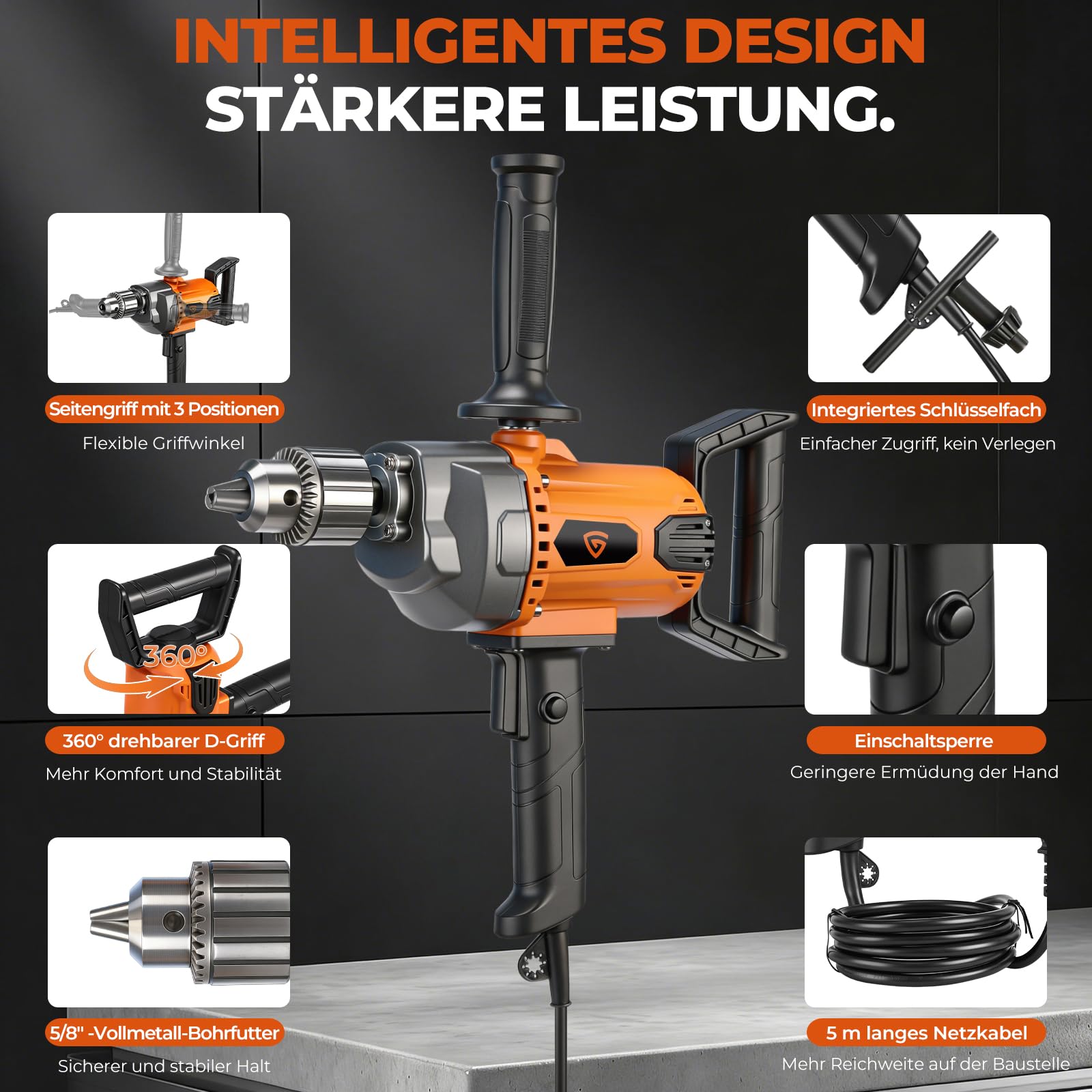 Rührwerke 20A Bohrmischer Set, 1100 U/min, 5/8" Metallbohrfutter, Betonmischer mit 360° D-Griff, Rührwerk & Bohrmaschine in einem für Mörtel, Beton, Farbe