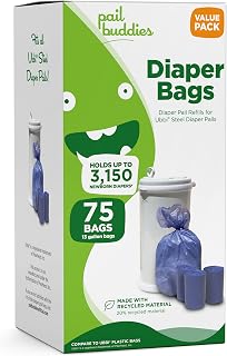 Pail Buddies Ubbi Compatible Diaper Pail Bags, 75 Count 13 Gallon Refills, Fresh Powder Scent, Recycled Durable Plastic