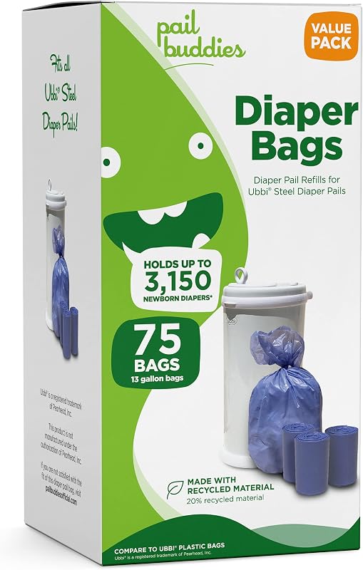 Diaper Pail Refill Bags for Ubbi, 75 Count, Odor Control, Tear-Resistant | 13 Gallon Disposable Diaper Trash Bags, Fresh Powder Scent, Recycled Material, Fits Ubbi Steel Pail, Holds 3150 Diapers