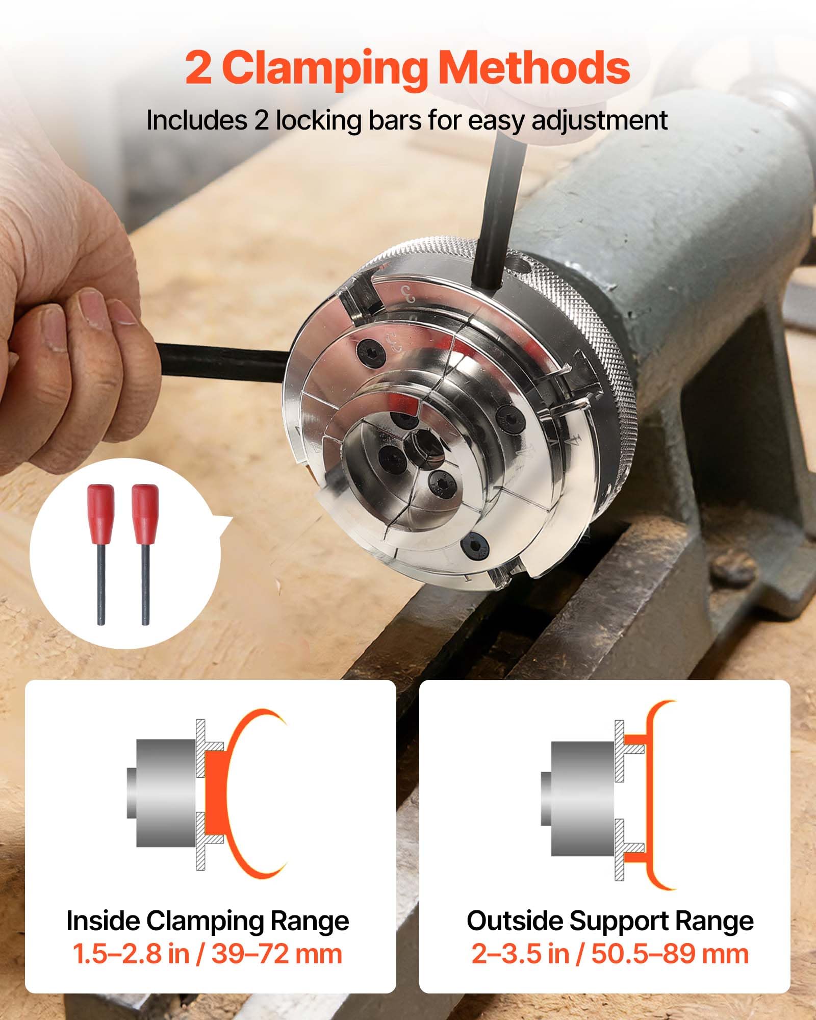 VEVOR Mandril para Torno de Madera 4 pulgadas 4 Mordazas, Juego de Mandril Autocentrante con Rosca de 1 pulgada x 8 TPI y Adaptador, Niquelado, Acero de Alta Dureza, para Trabajos de Carpintería