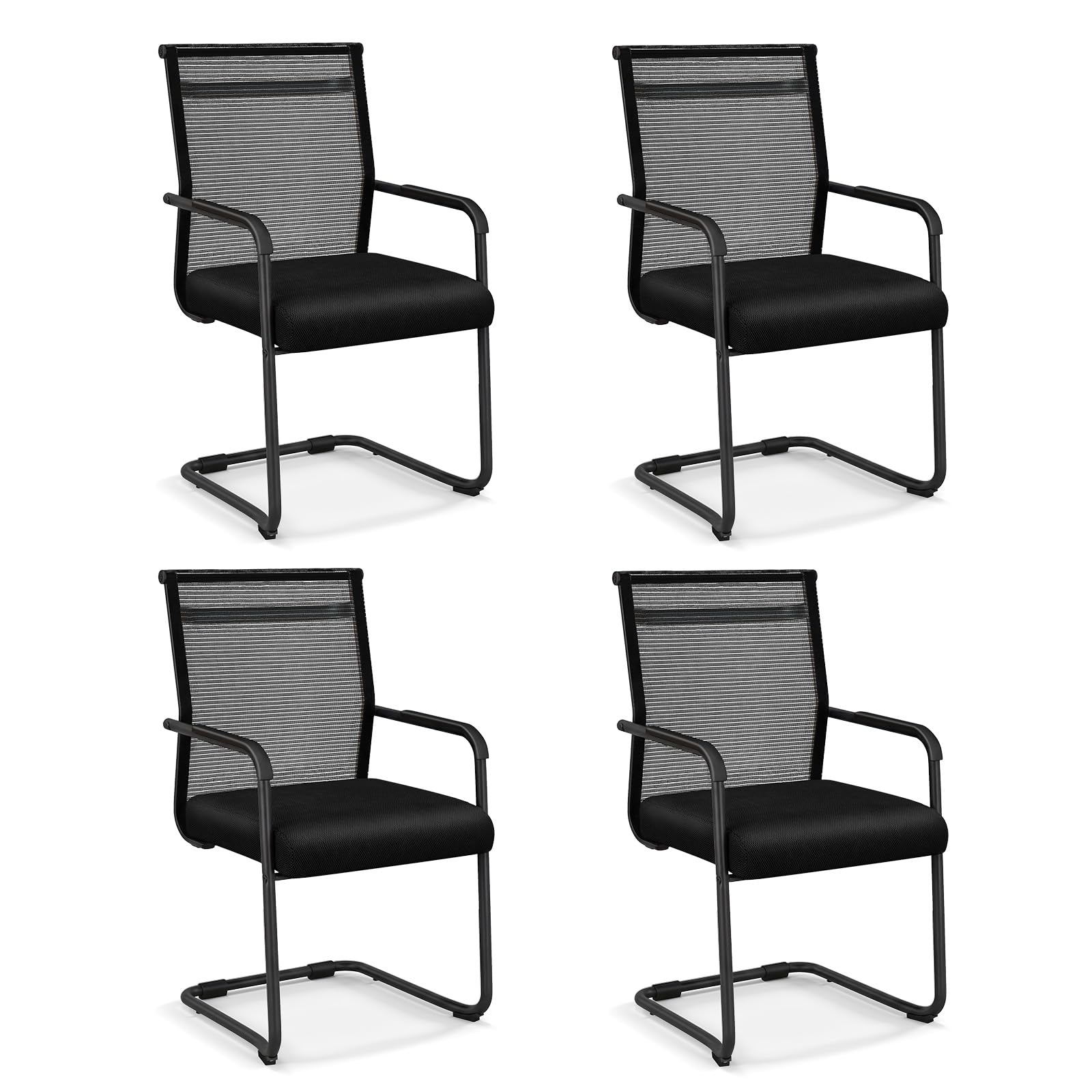 COSTWAY Set of 2/4 Stackable Reception Chairs, Mid Back Mesh Guest Chairs with Sled Base, Conference Armchairs Executive Computer Desk Chair for Home Office (4 PCS, Black)