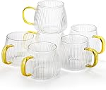AVLA 6 Pack Glass Coffee Mugs, 480ML Unique Vertical Stripes Coffee Cup, Clear Large Tea Glasses with Handles, Vintage Transparent Glassware for Hot/Cold Beverages, Cappuccino, Latte, Espresso, Juice