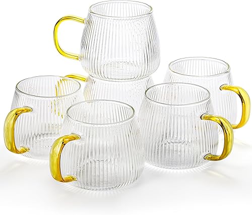 Miniatura 9 de AVLA Paquete de 6 tazas de café de cristal, 16 onzas, tazas de café con rayas verticales únicas, vasos de té grandes transparentes con asa,