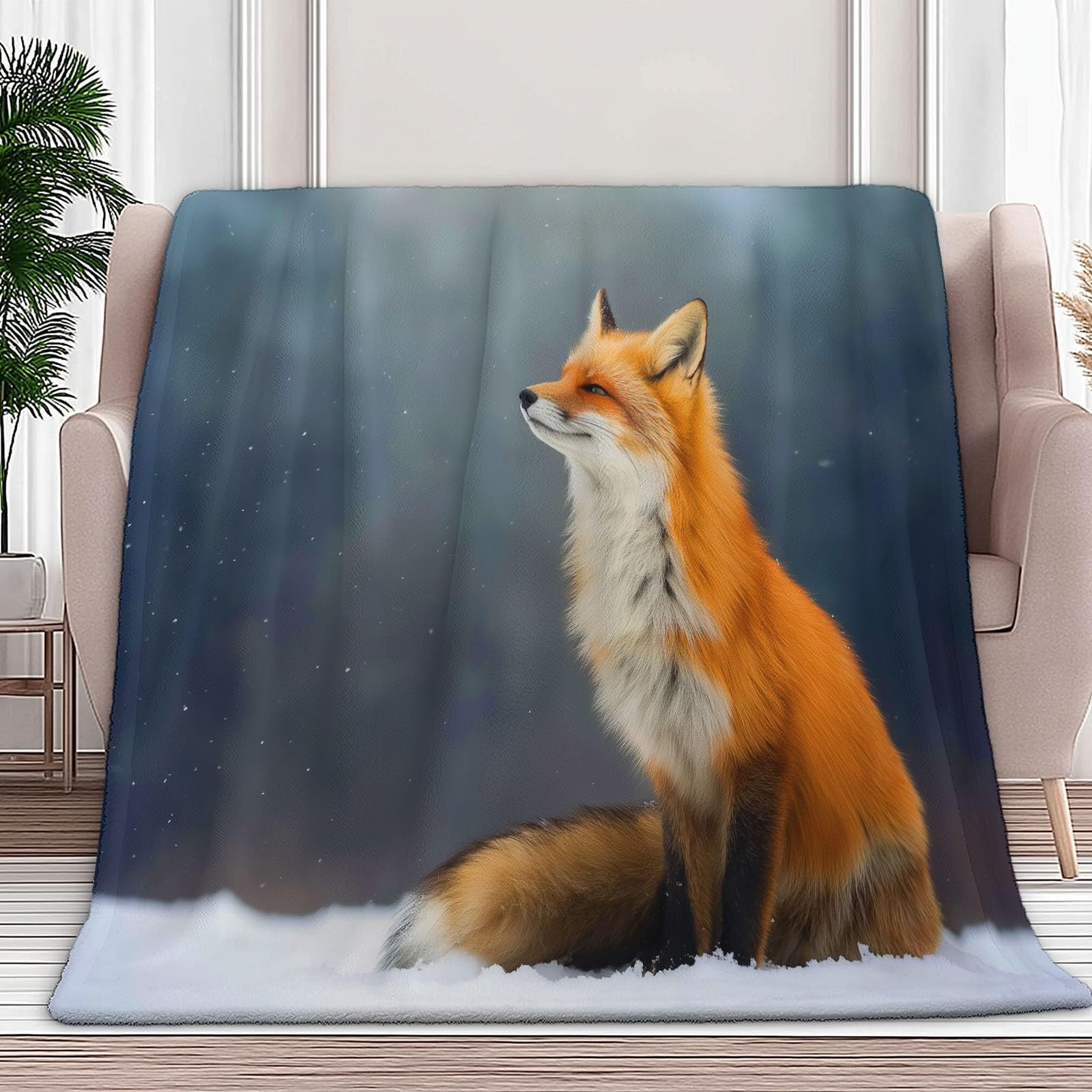 Générique Koc polarowy ze zwierzętami, śnieg, lis 180 x 200 cm, flanelowy koc polarowy, czarny, miękki, ciepły, lekki koce, do podróży, na łóżko lub sofę