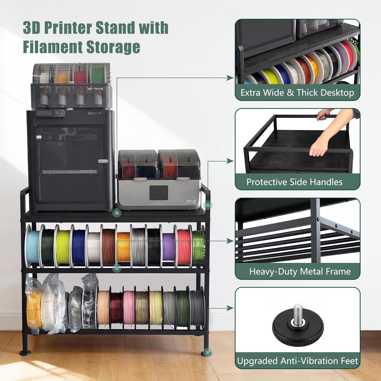 Supporto di Stoccaggio per Filamenti 3D da 840 x 550 x 760 mm Ripiano per Filamento per Stampante 3D a 3 Livelli con Contenitore per Filamenti e Ruote, per Ufficio e Officina, Nero