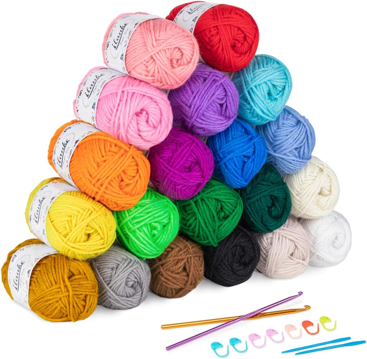 ilauke 20 x 30g Balls of Assorted Double Knitting Yarn, Colored Acrylic Yarn Set with 2 Crochet Hooks, 2 Needles, 8 Crochet Locking Stitch Markers