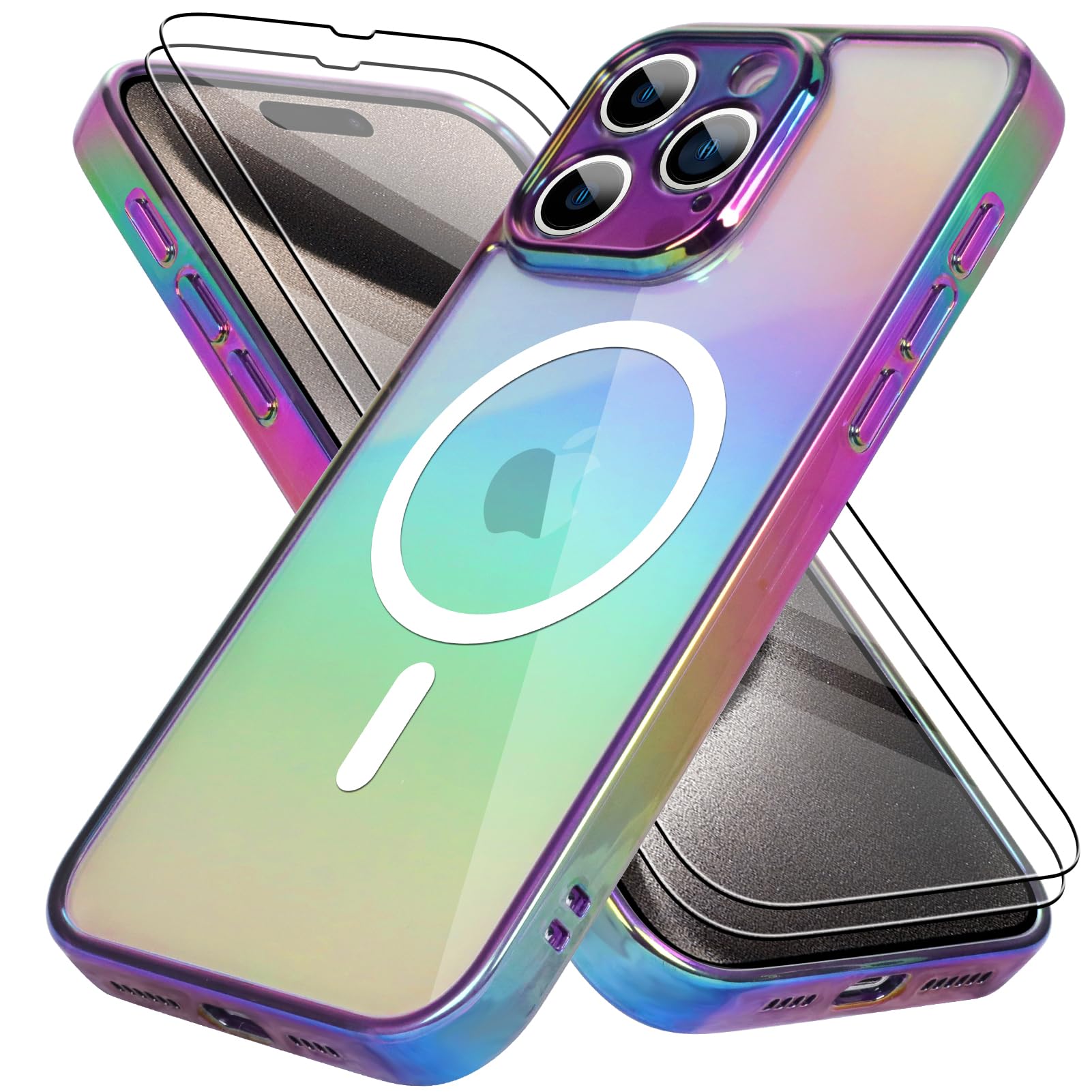 Bonoma for iPhone 15 Pro Case Magnetic 【Support for Magsafe】 Bling Laser Iridescent Florescent Crystal Luxury Camera Protector + 2* Screen Protector