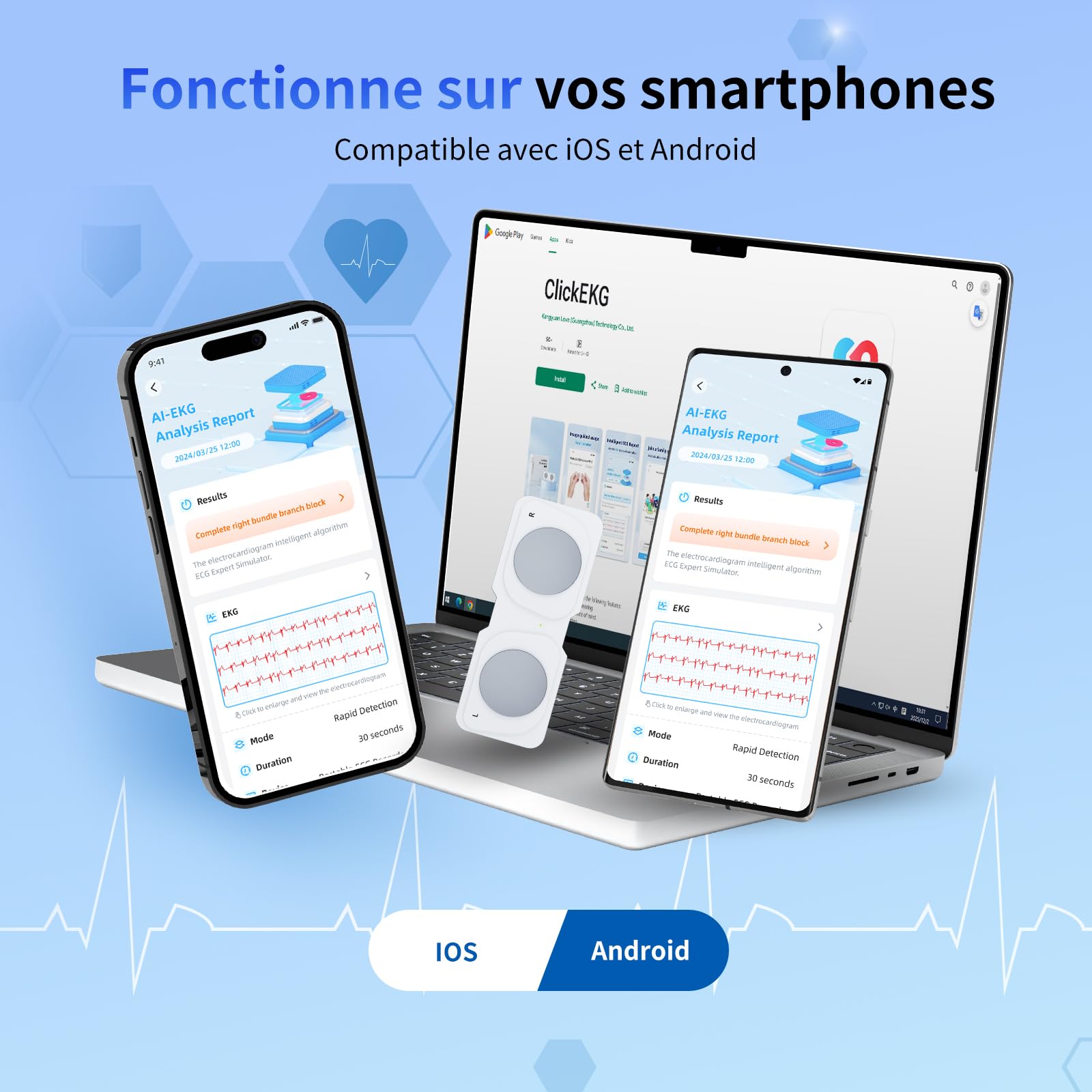 Moniteur ECG mobile, appareil ECG personnel, détecte la fibrillation auriculaire, la bradycardie ou la tachycardie en 30 secondes, moniteur de fréquence cardiaque, application pour iOS/Android