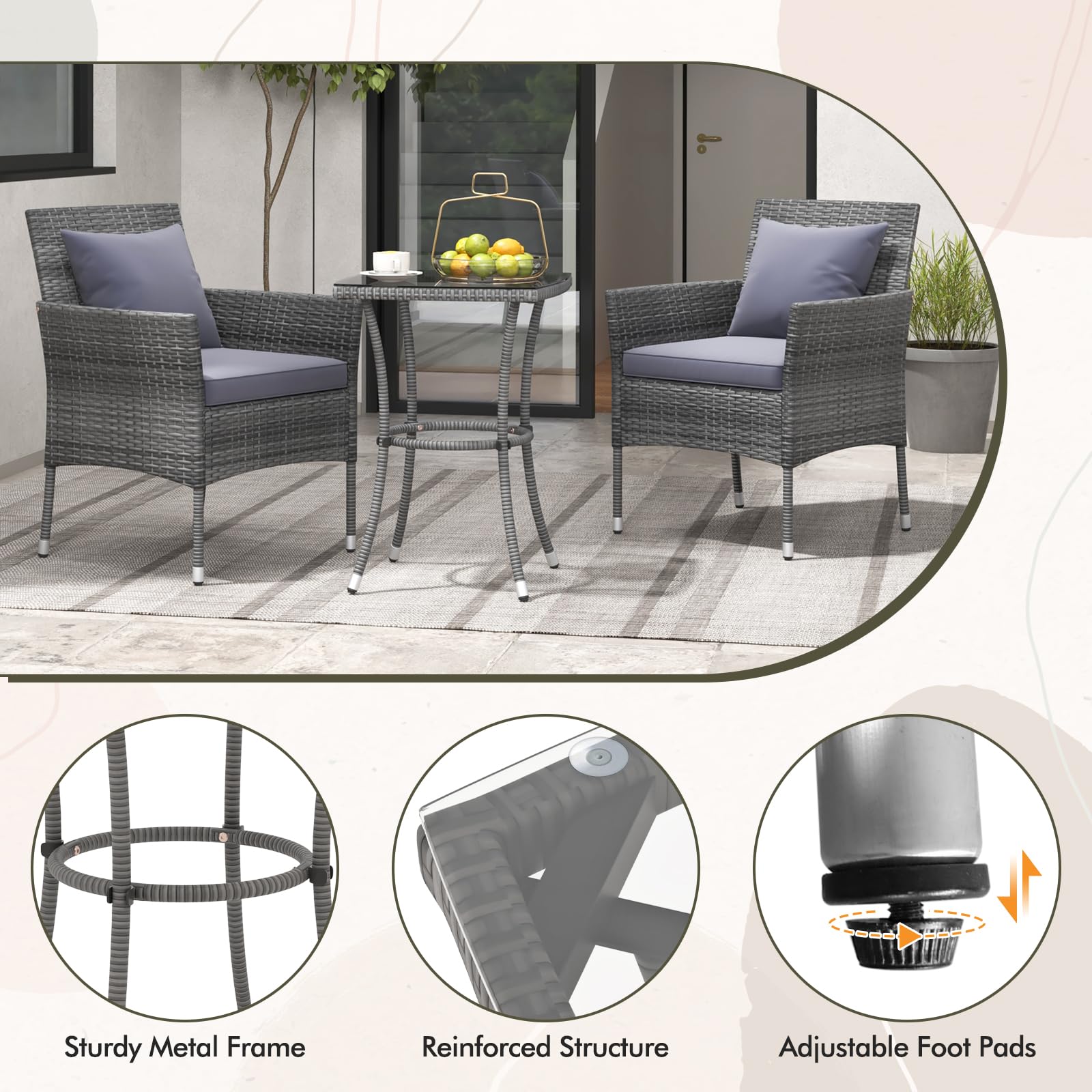 DORTALA Wicker Patio Furniture Set 3 Piece, Small Outdoor Table & Chairs with Tempered Glass Tabletop, Cushions, Rattan Conversation Bistro Set for Balcony, Porch, Backyard, Deck, Mix Gray+Gray - 5