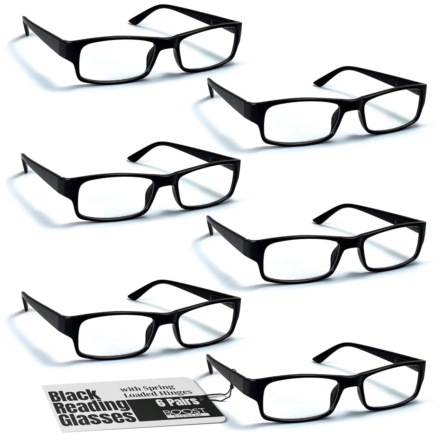 Boost Eyewear 6 Pack Reading Glasses Traditional Black Frames for Men and Women with Comfort Spring Loaded Hinges