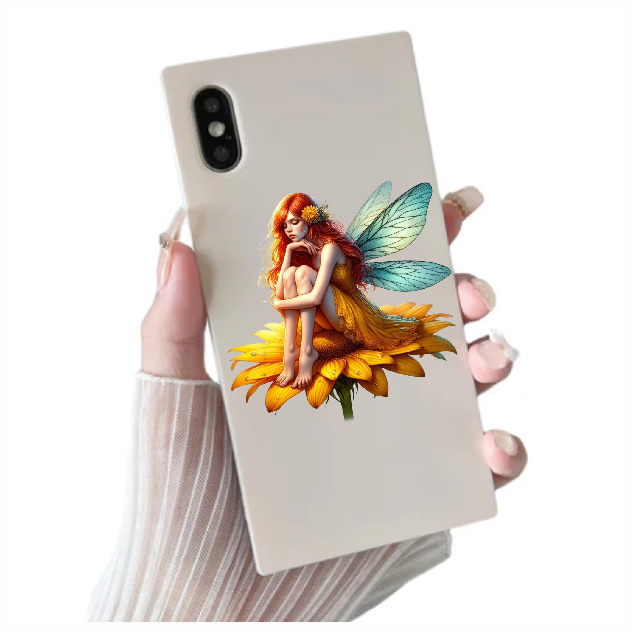 x4 Yellow Fairy Flower Vinyl Stickers Cover Marks Non Transparent Waterproof Floral Art Decals 1@ 20cm tall ideal for toilets or car. 3@ 7cm tall ideal for Phone case Cups & Wine Glass (Fairy yellow) - Image 3