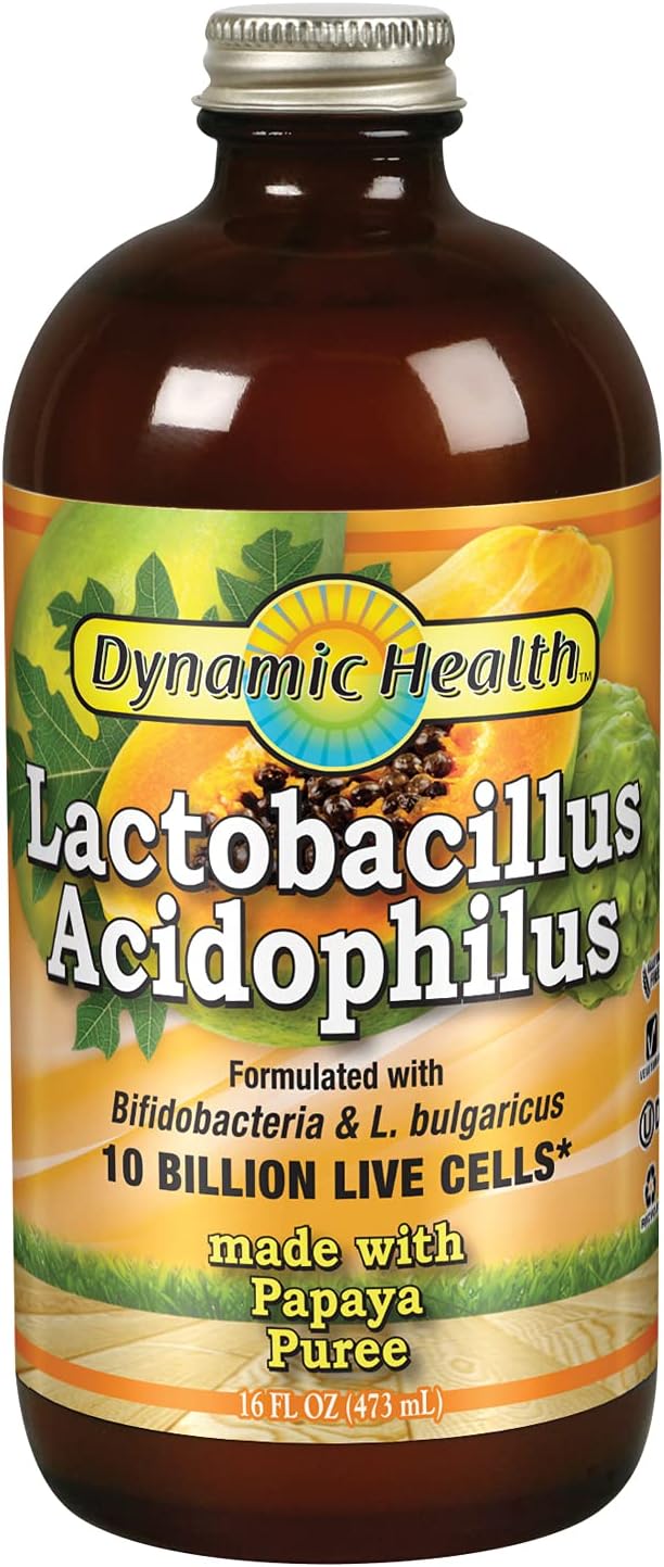 Dynamic Health Lactobacillus Acidophilus, Papaya Puree | Probiotic Intestinal Health | 10 Billion CFU | 16FL OZ, 16 Serv