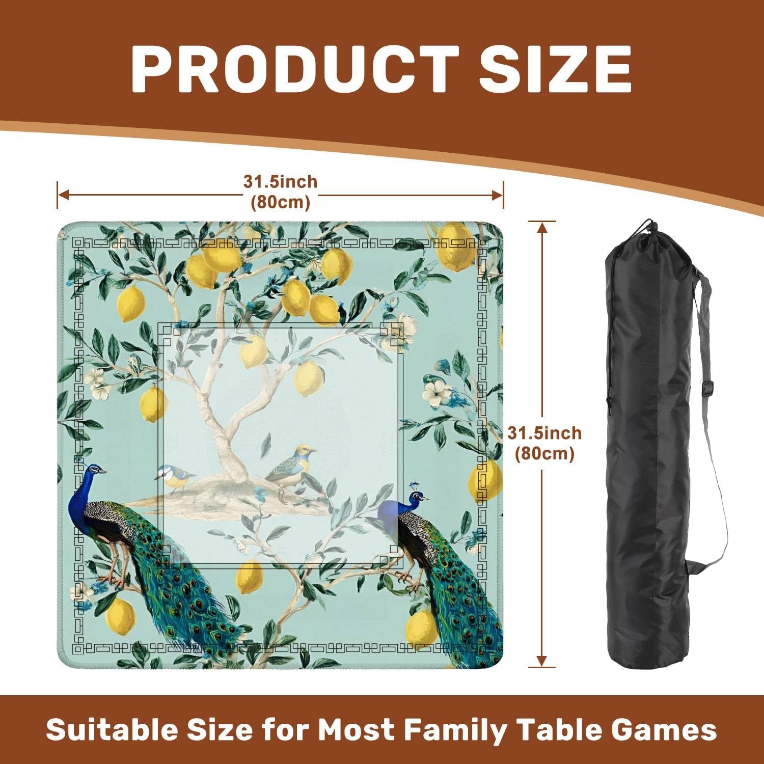 Mahjong Mat 31.5" x 31.5" Beautiful Exotic Chinoiserie Hand Drawn Vintage Lemon Trees peacoks Non-Slip Noise Reduction Mahjong Tiles Table Cover for Dominoes Poker Card Board and Tile Games Gift