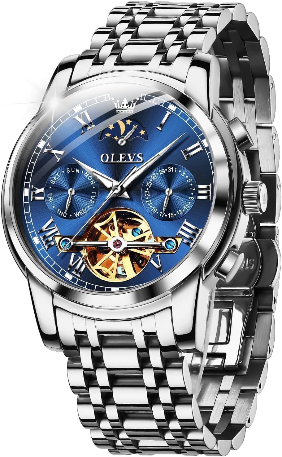 OUPINKE Herrenuhr Automatik Luxus Skelett Mechanik mit Mondphase Tourbillon Tag Datum Wasserdicht Luminous Edelstahlarmband