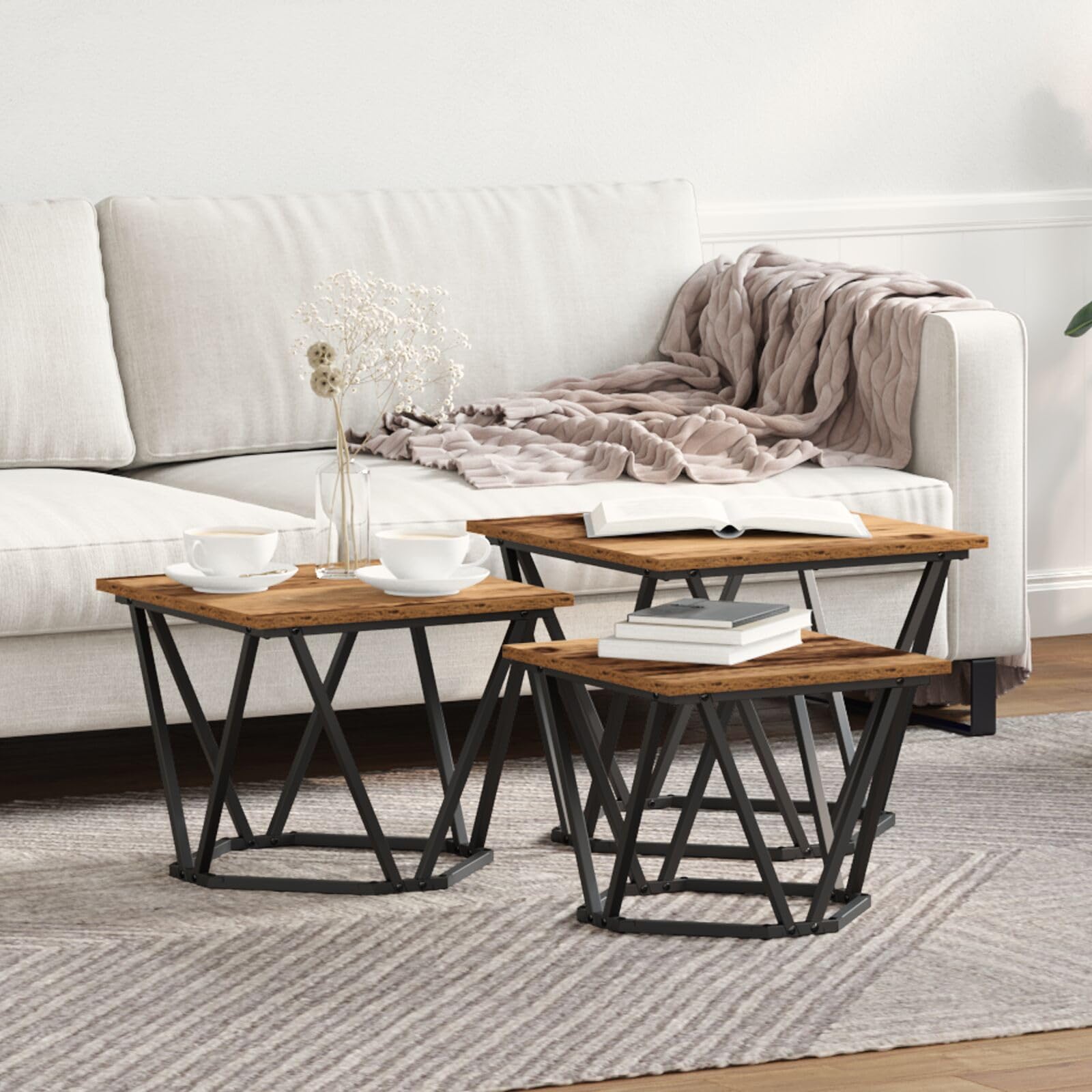 SXZenSpace 868283 Side Tables 3 pcs Old Wood Engineered Table - Modern Nightstand End for Home Bedroom Living Room Easy Assembly Hallway Coffee