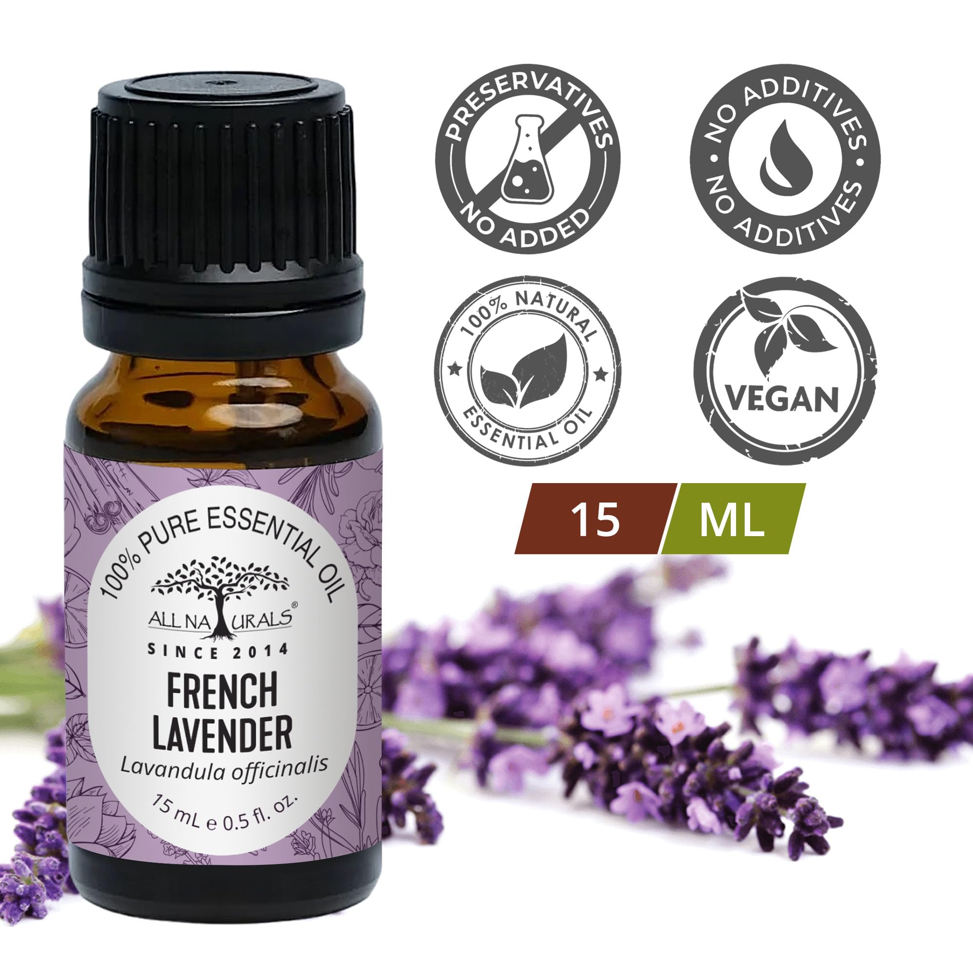 All Naturals Lavender Essential Oil (France) 100% Pure for Sound Sleep, Stress, Dry Skin, Shiny Hair & Acne - 15 mL 1