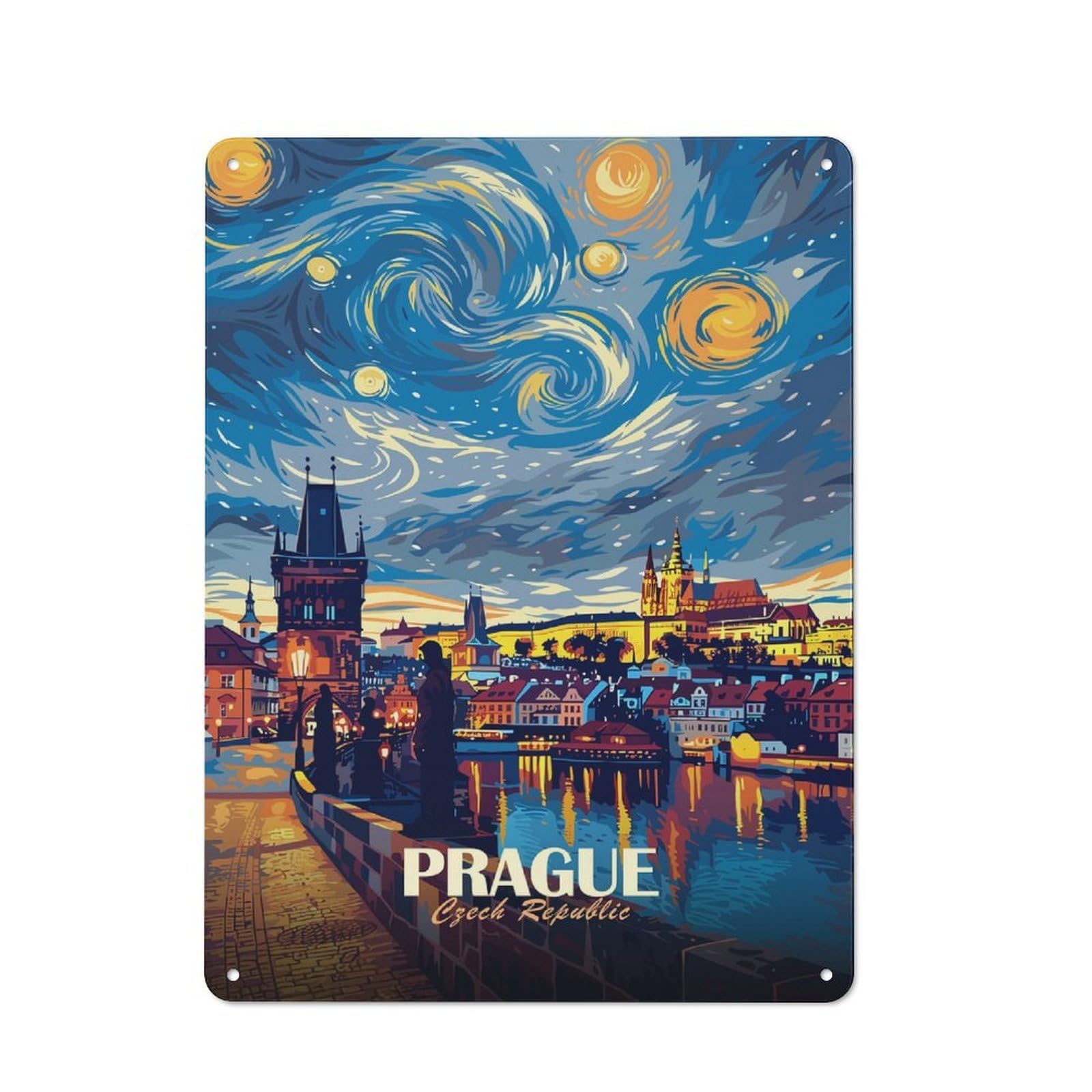 Junmoney Style-3 Prague Czech Republic Starry Night Art Tin Wall Sign 40X30cm, Retro Novelty Wall Art For Bedroom, Kitchen, Office Or Living Room