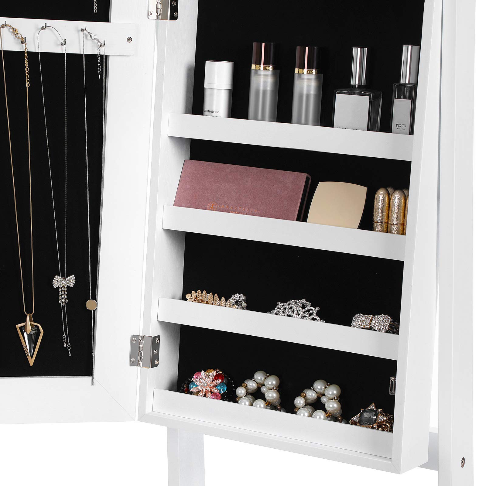 SONGMICS Espejo Joyero, Armario para Joyas, Armario Joyero Bloqueable, Espejo de Longitud Completa, Idea para Regalo, Montaje Sencillo, Superficie Blanca y Forro Negro JJC69WT