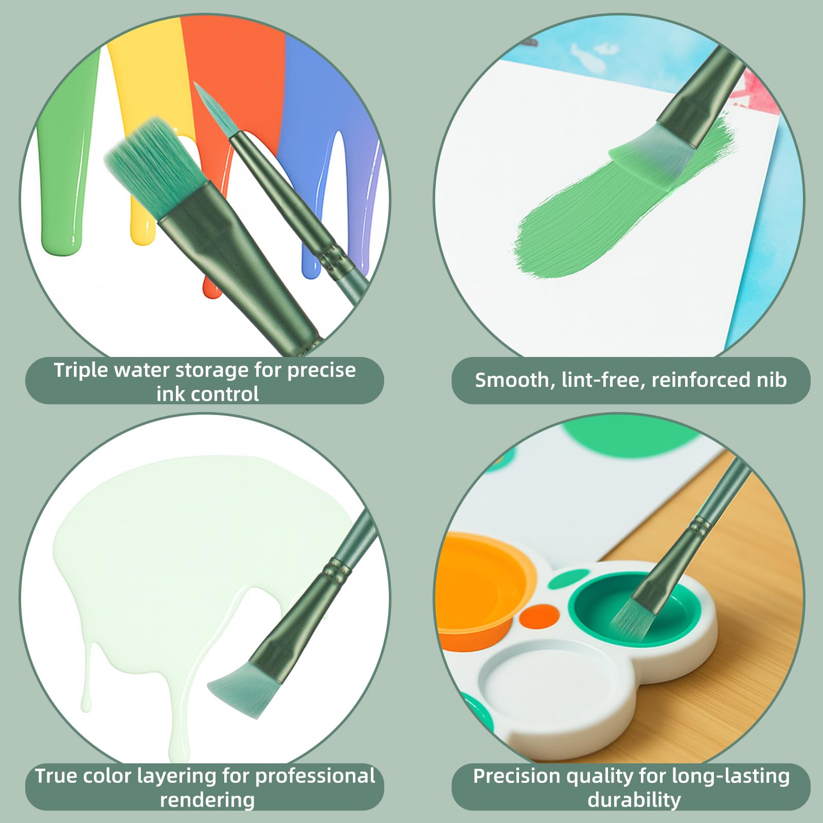 Lot de 6 Pinceaux Acryliques Professionnels Poils Nylon pour Peinture Huile Aquarelle Gouache Détails Fins Traits Larges Débutants Pros Vert