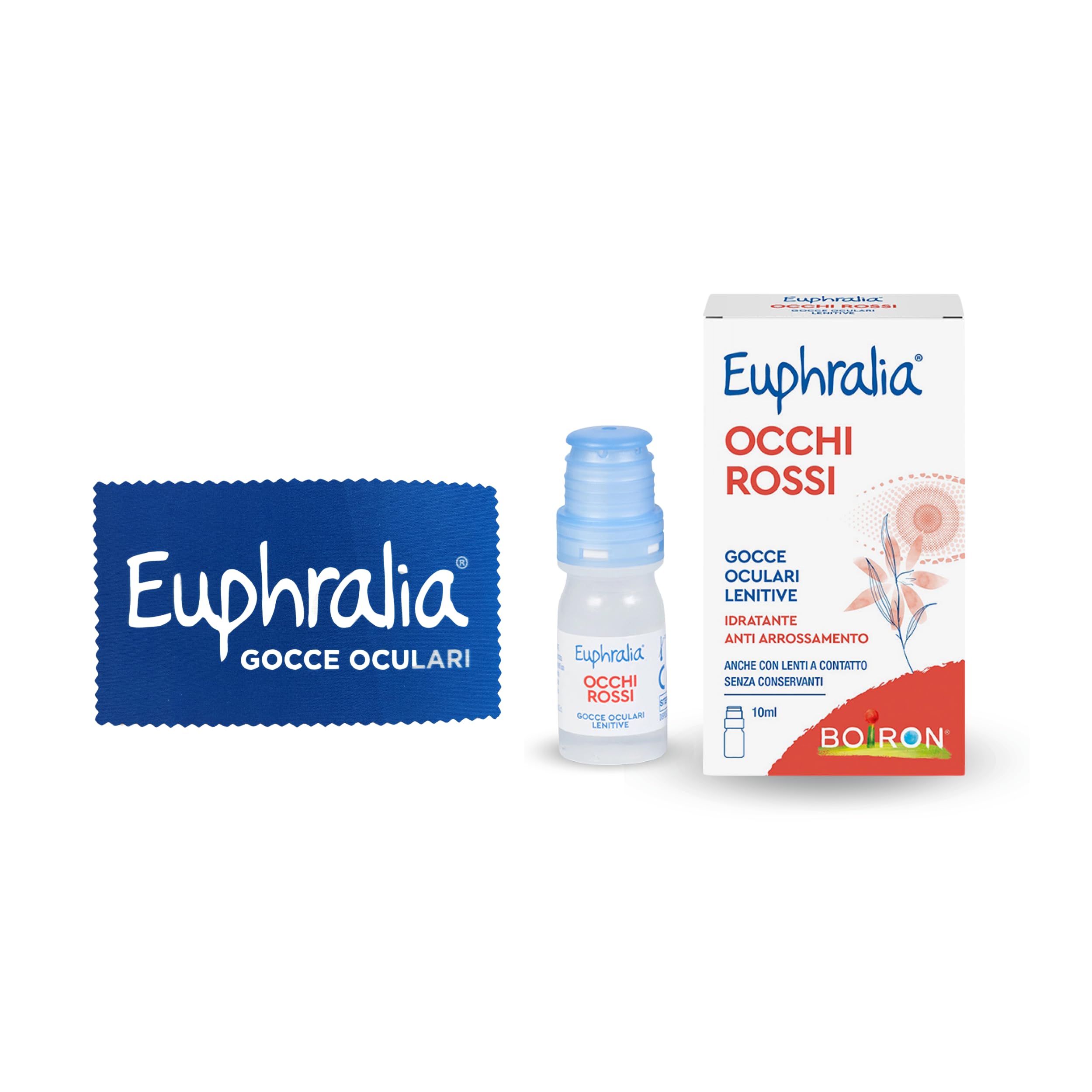Euphralia Occhi Rossi - Gocce Oculari Lenitive, Rimedio in caso di Discomfort Oculare e Arrossamento, Idratante, con Acido Ialuronico, Acqua Distillata di Camomilla - Flacone da 10 ml + Panno Occhiali