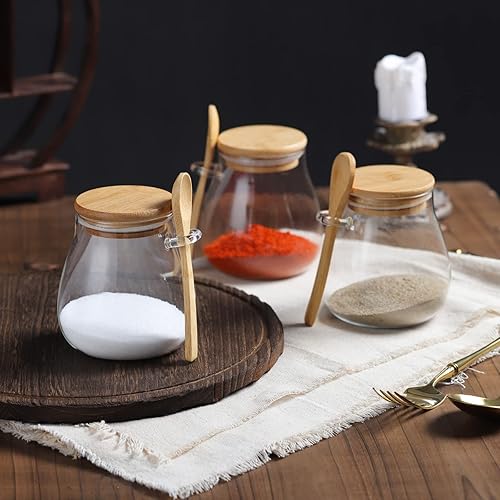 Miniatura 2 de Joeyan Tarro de vidrio con tapa hermética de bambú y cuchara adjunta, recipiente de condimentos para especias de azúcar y sal de 12 onzas, olla