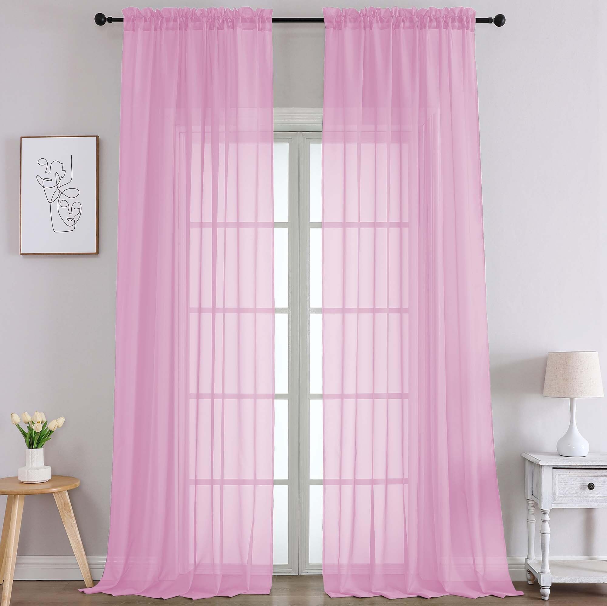 Chyhomenyc Extra Long Pink Sheer Curtains 108 Inches Long 2 Panels, Light Filtering Pink Curtains for Living Room, Soft Gentle Voile Rod Pocket Bedroom Window Drapes, 59Wx108L Inch, 9FT, 2PCS