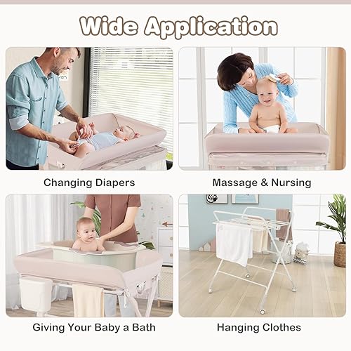 Vista 27 de HONEY JOY Cambiador, organizador móvil plegable con ruedas, altura ajustable, bolsa de almacenamiento y estante abierto, estación portátil para Gris