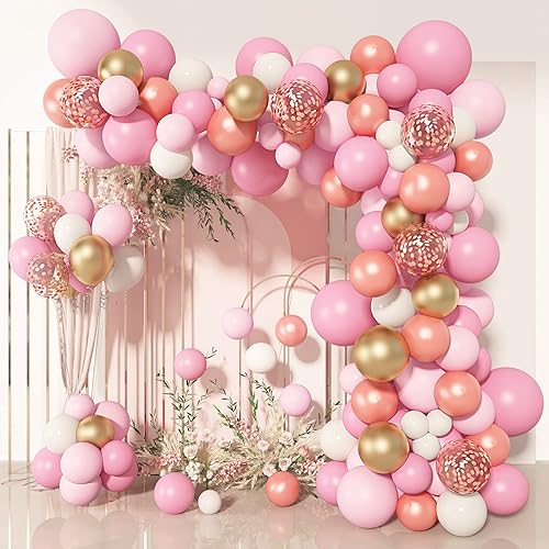 140Pcs Rose Gold Pink Balloons Garland Arch Kit, Light Pink Rose Gold Confetti Balloons for Women Girls Birthday Baby Shower Wedding Graduation Bachelorette Mother's Valentine's Day Party Decorations