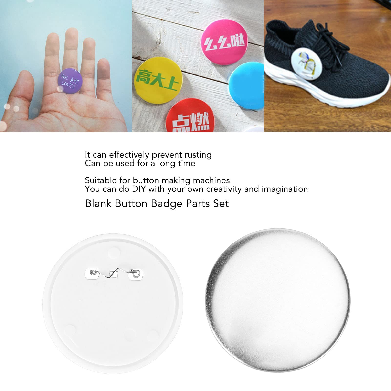 Set di parti di badge per bottoni vuoti Set di bottoni antiruggine di forma rotonda fai-da-te Forniture per eventi di artigianato Premi 100 set di plastica di banda stagnata (Umiltà)