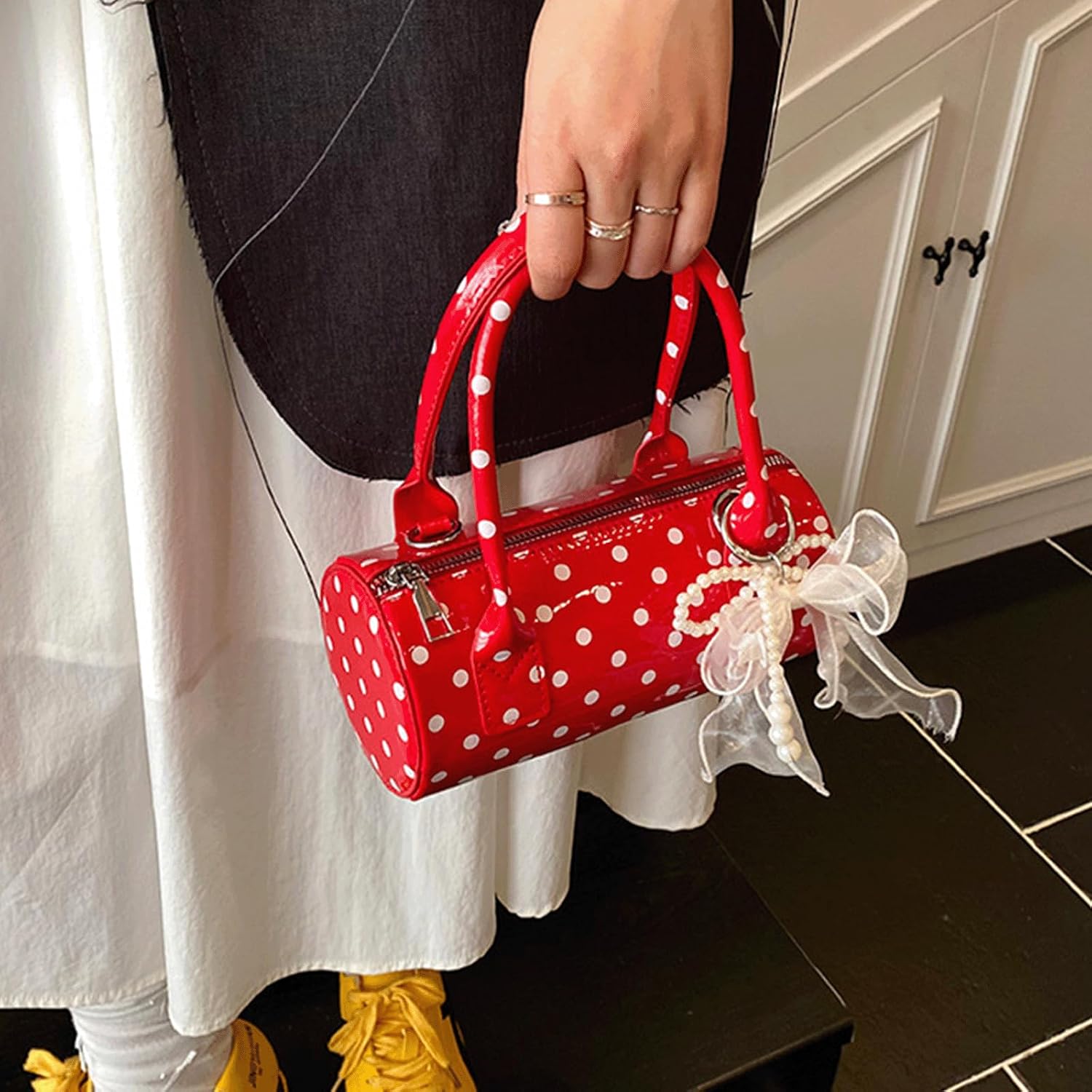 Polka Dot Purse Mini Bucket Bag Pearl Bow Charm Round Barrel Bag Patent Soft Leather Top Handle Crossbody Shoulder Handbag