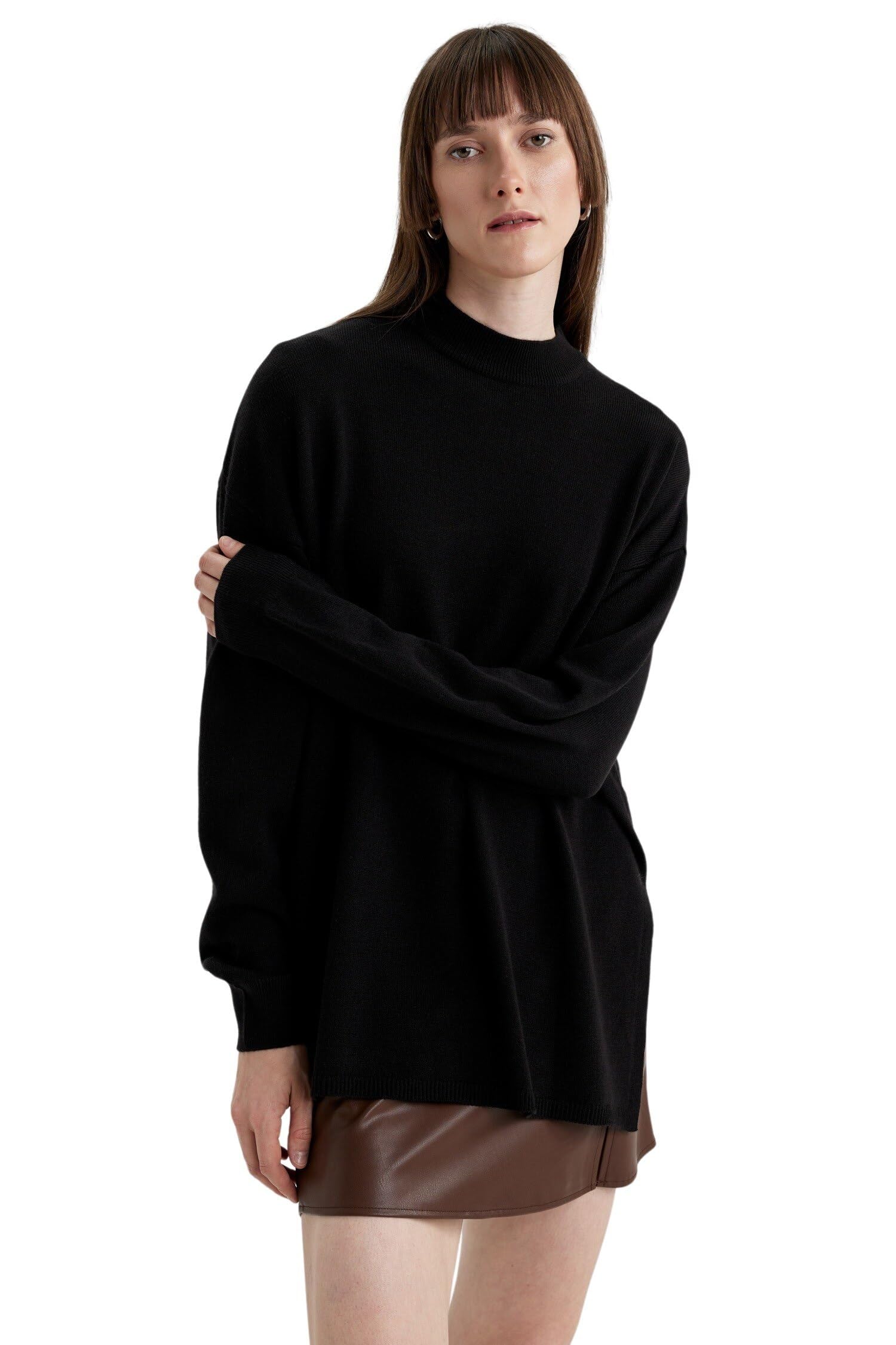 Kadın Oversize Asimetrik Kesim Triko Kazak, Siyah, L