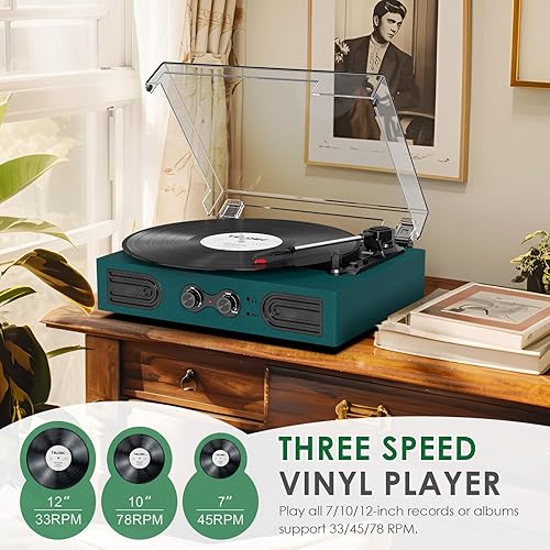 Miniatura 4 de Tocadiscos de vinilo con altavoces integrados de 3 velocidades, tocadiscos vintage con control de agudos y graves, conector de auriculares de 3.5mm,