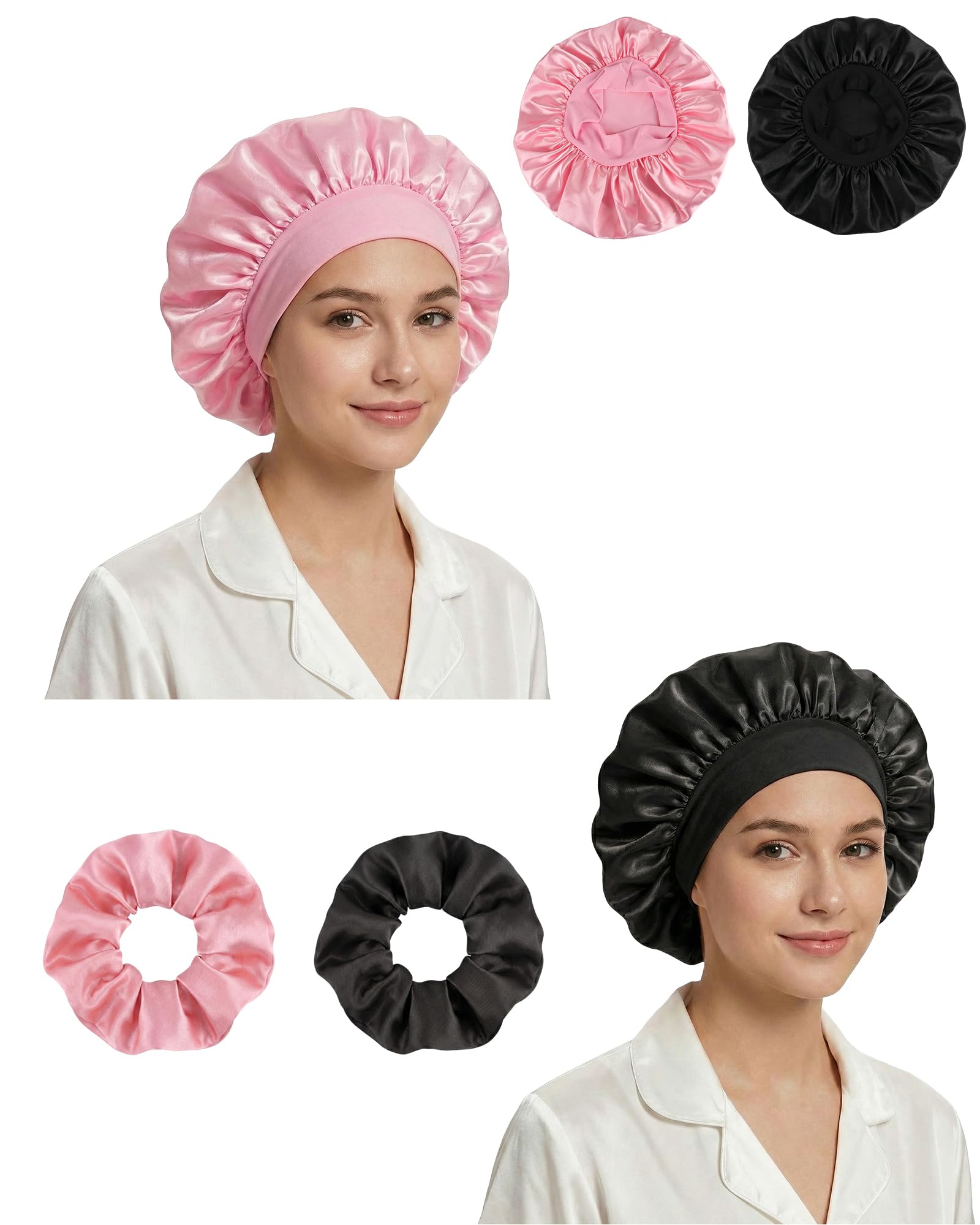 lulir Gorro de Seda para Dormir 2 Piezas - Gorro Saten Pelo Rizado con 2 Coleteros, Silk Bonnet Ajustable con Banda Elástica, Suave Antifrizz Cuidado del Cabello, para Mujer y Niña — view 9