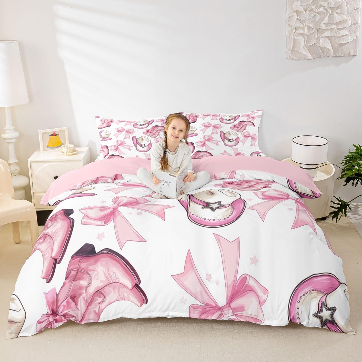 Homewish Kokarda różowa zachodnia kowbojki super king zestaw poszewek na kołdrę gwiaździsta kawaii kokardka pościel uroczy kapelusz buty poszewka na kołdrę uroczy kapelusz buty ciepłe miękkie zestawy