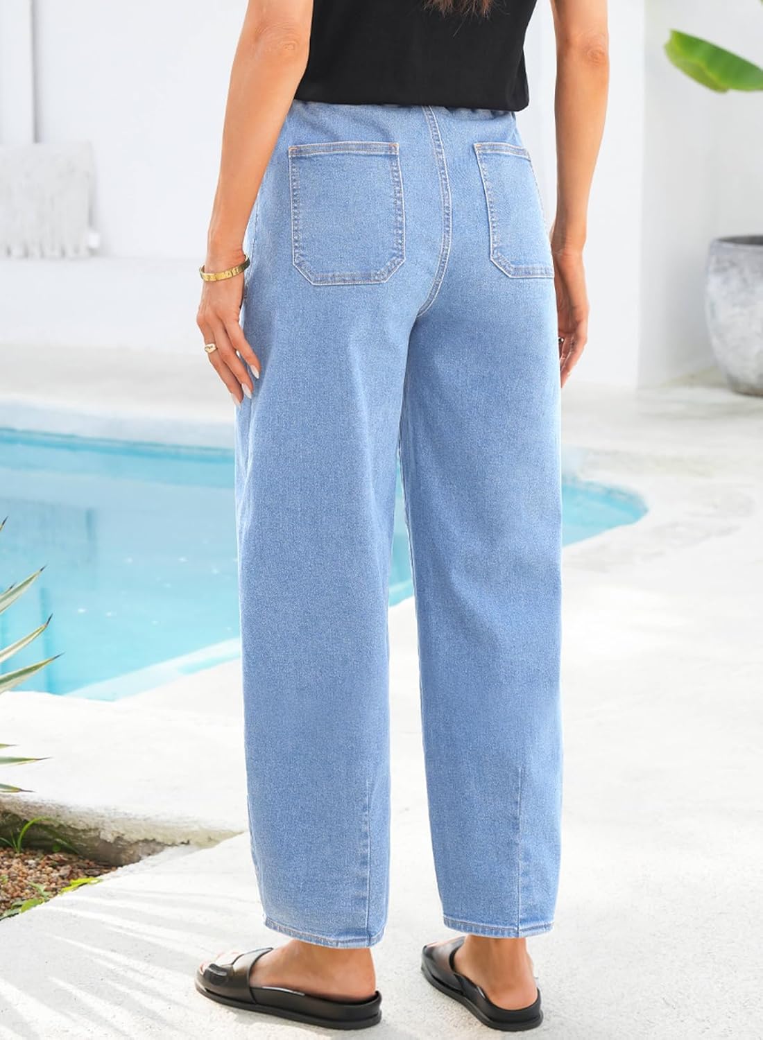 Sidefeel Womens Baggy Wide Leg Jeans Elastic Waist Drawstring Front Seam Ankle High Waisted Barrel Jeans