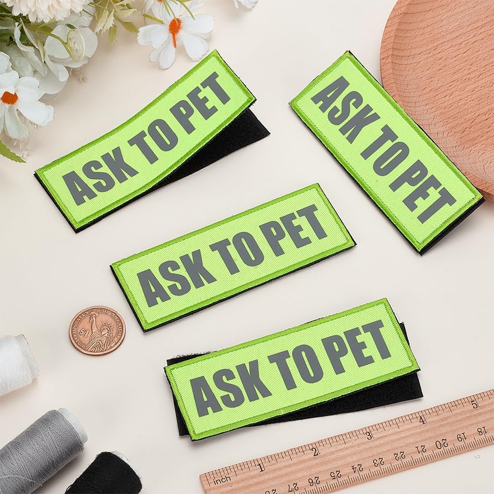 FINGERINSPIRE 4 PCS Reflective Dog Patches for Vests 4.4x1.6inch Service Dog Hook & Loop Tags Polyester Rectangle Green Yellow Ask to Pet Dog Applique Patch for Safety Visibility at Night image 4