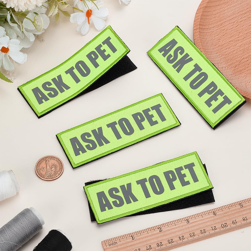 FINGERINSPIRE 4PCS Reflective Dog Patches for Vests 112x42mm Service Dog Hook & Loop Tags Polyester Rectangle Green Yellow Ask to Pet Dog Applique Patch for Safety Visibility at Night - Image 4