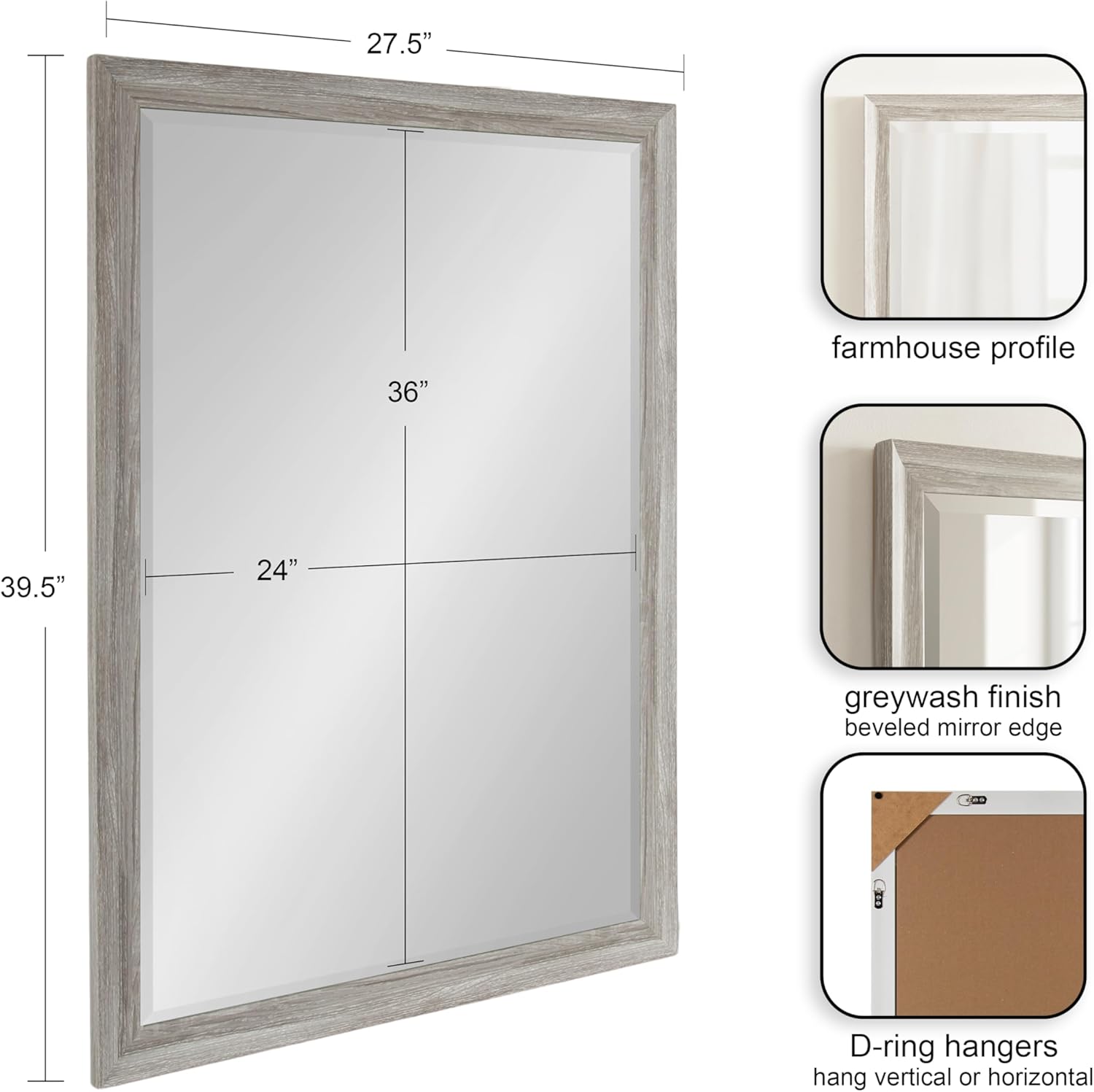 Kate and Laurel Dalphia Traditional Framed Rectangle Bathroom Vanity Mirror, 28 x 40, Greywash, Farmhouse Rectangular Bathroom Mirror for Over Sink or for Use as Entryway or Living Room Decor