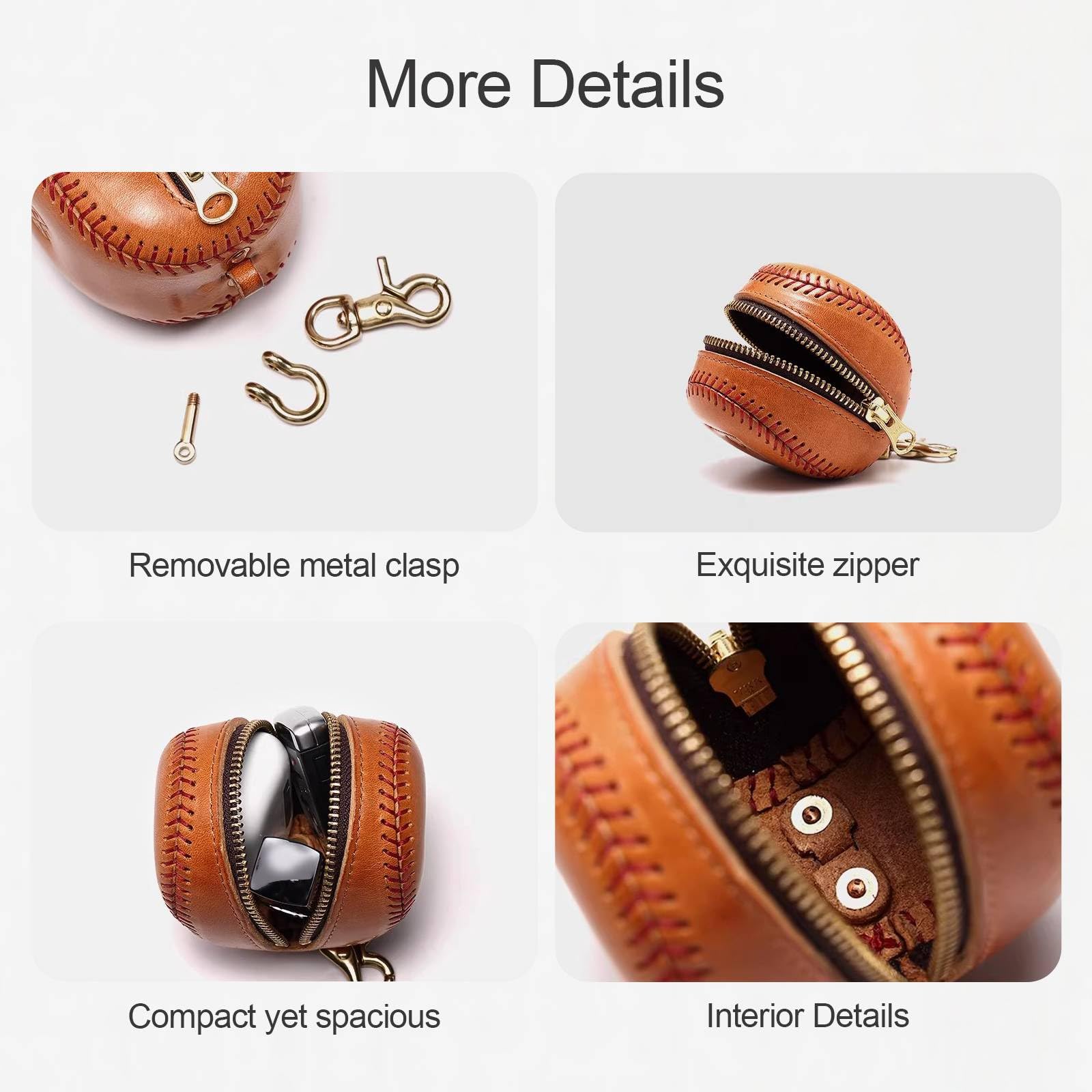 Estuche Auriculares Cuero Auténtico, Organizador Bolso Estilo Béisbol Intrauditivos, Monedero Vintage Cremallera Auriculares Llaves Coche Pintalabios, Colgado Cuello,Viaje Y Desplazamientos