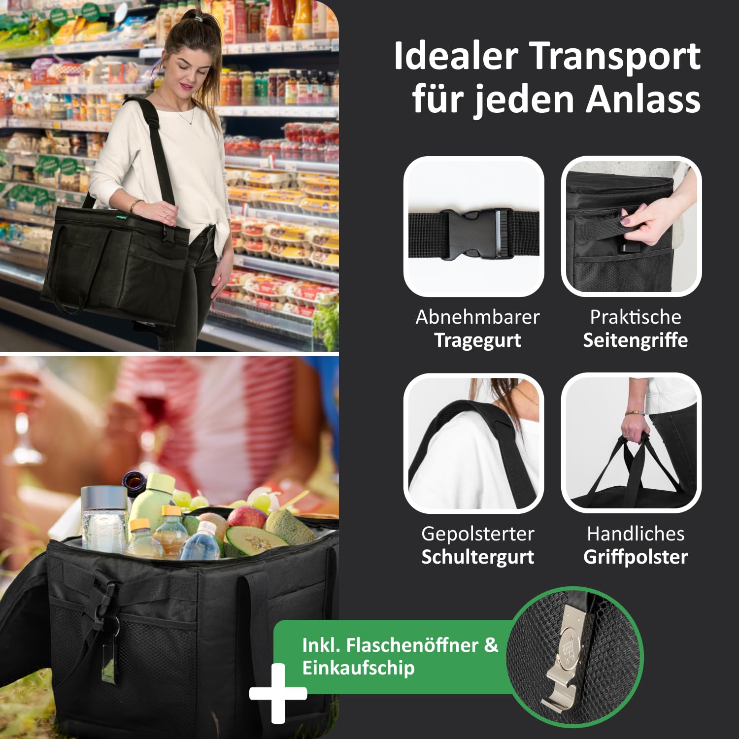 Cottara® Kühltasche Gross mit auslaufsicherer Isolierung 30l – Kühltasche faltbar groß zum Einkaufen & Picknick – Ideale Einkaufstasche, Isoliertasche, Thermotasche, Picknicktasche
