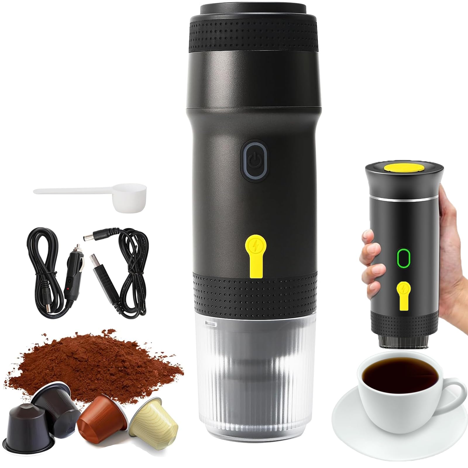 Yolispa Macchina da caffè Espresso elettrica Portatile per Auto Espresso 12 V, Macchina da caffè Portatile, caffettiera da Viaggio per Il Campeggio, 3 in 1 Capsula in Polvere Macchina