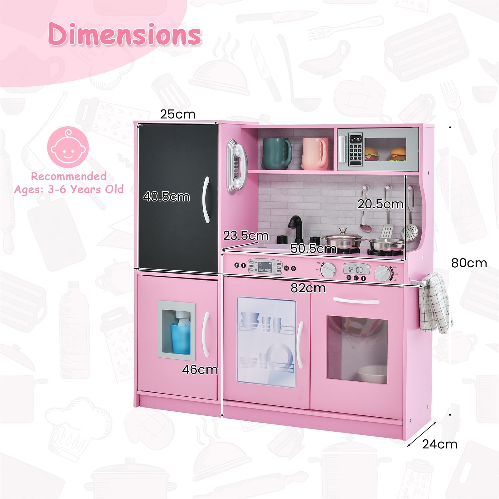 HOMASIS Spielküche mit 10 Zubehör, Kinderküche Holz, Spielzeugküche mit Tafel Spüle Herd Ofen Mikrowelle Eismaschine Telefon, Holzküche Kinderspielküche für Kinder ab 3 Jahre (Rosa)