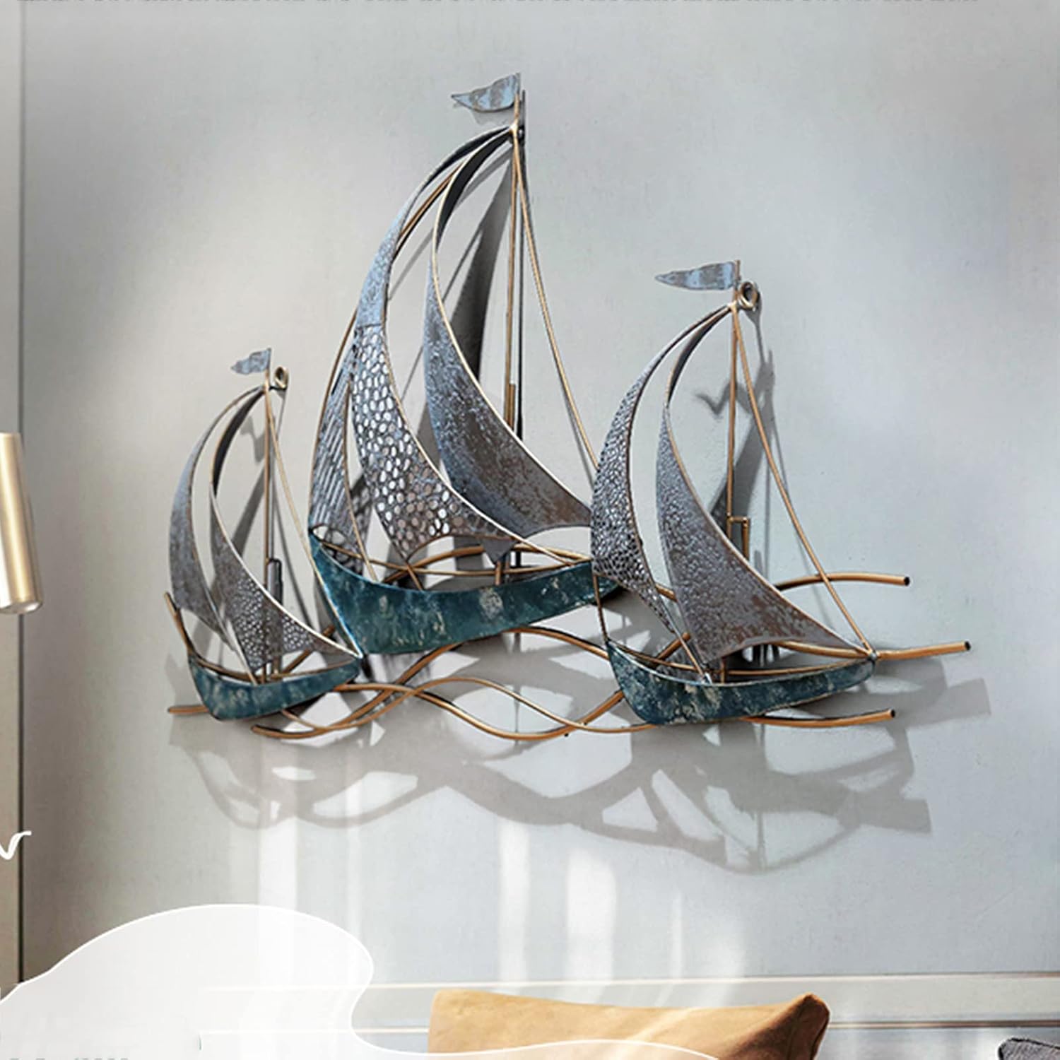 WANGLE Metal Sailboat Wall Decor, 3D Nautical Ship Wall Sculptures, 34.02" L x 21.26" H Handmade Coastal Beach Sailboat Wall Art Decor School Home Hotel Living Room Bedroom Dining Room,A
