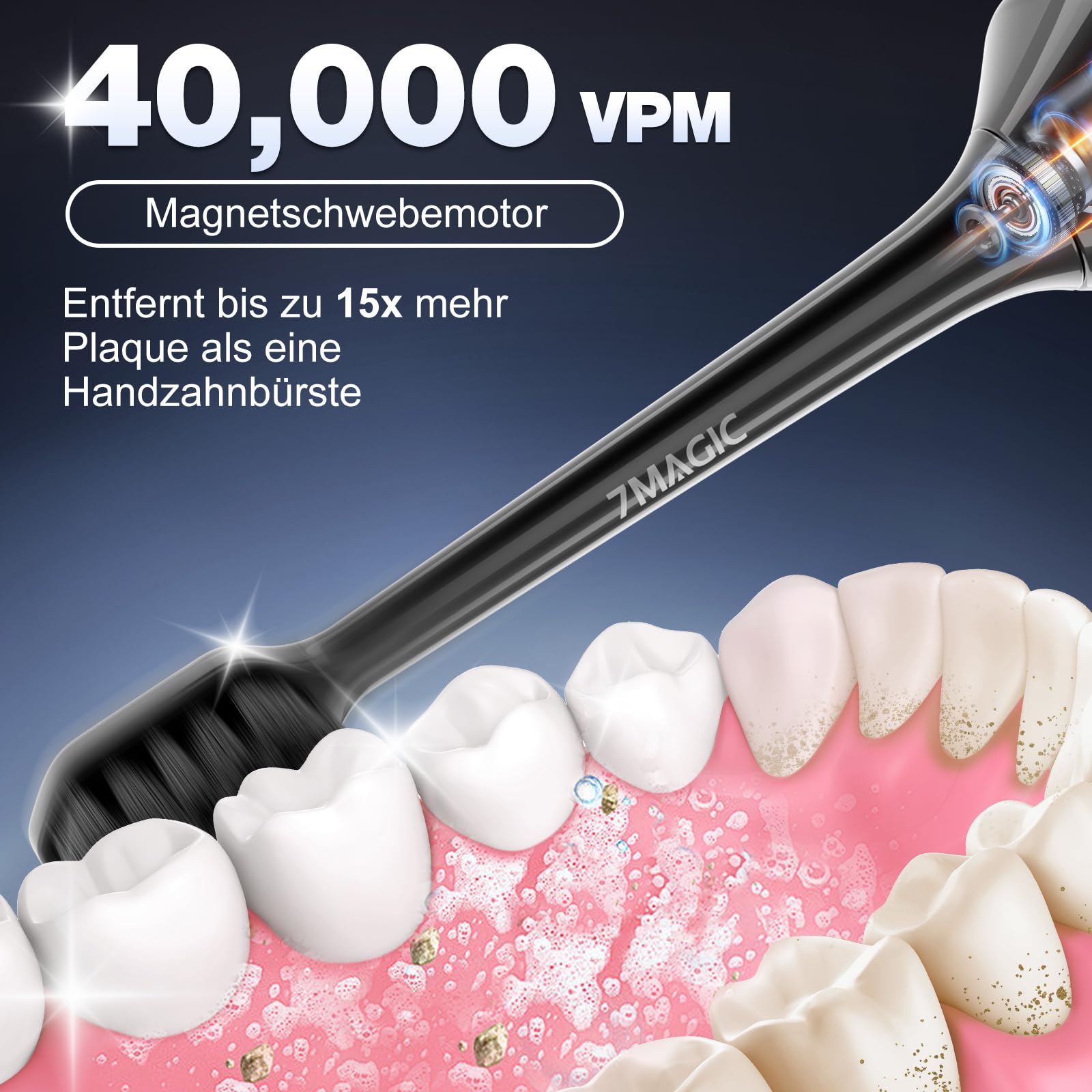 7MAGIC Spazzolino Elettrico Sonico Nero con 5 Modalità, 3 Livelli di Intensità, Autonomia fino a 180 Giorni, 40.000 Vibrazioni/Min, 8 Testine Incluse (6+2 Testine di Ricambio Originali)