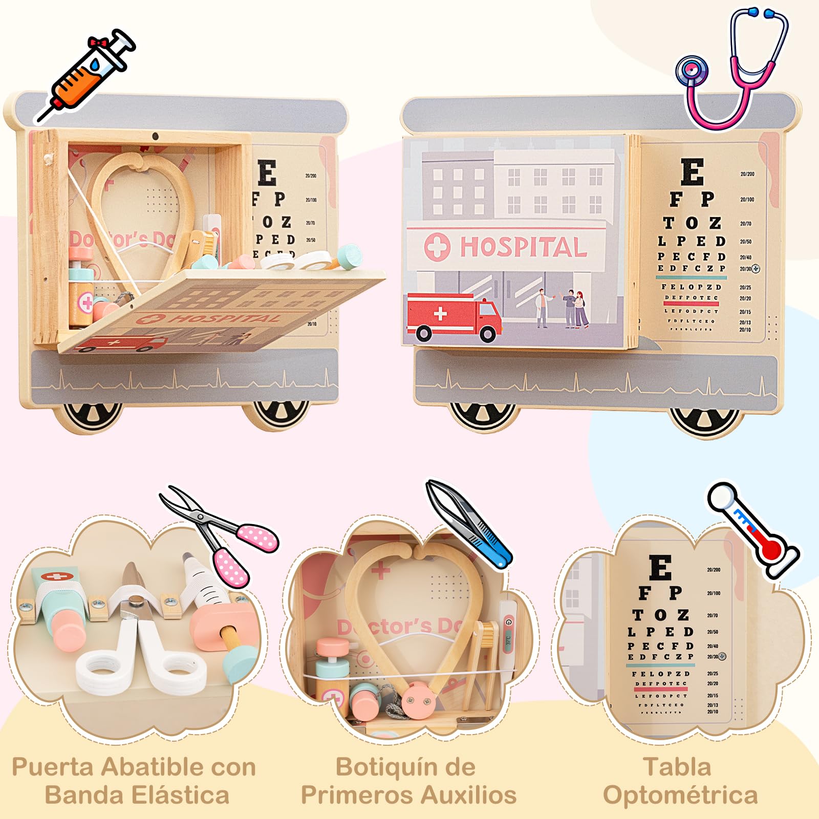 GOPLUS Tablero de Actividades en Forma de Tren, Tabla Montessori, Panel Sensorial de Pared con 5 Paneles, 63 Accesorios, Juego Educativo para Niños de 3 Años, Guardería, Sala de Juegos