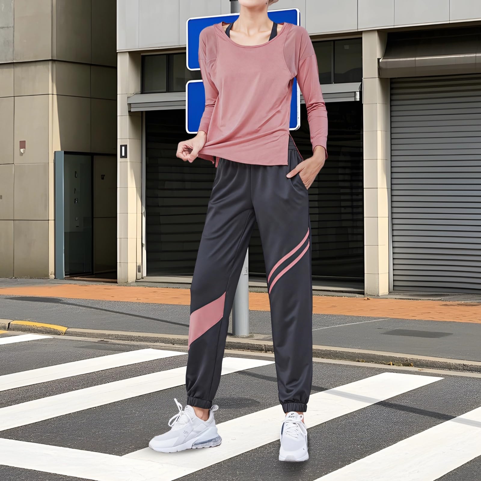 Conjunto de ropa deportiva de 3 piezas para mujer XXL, incluye manga larga, camiseta sin mangas y pantalones, tela elástica transpirable, se adapta a cuerpos de 45-75 kg, 155-180 cm, rosa, Talla única