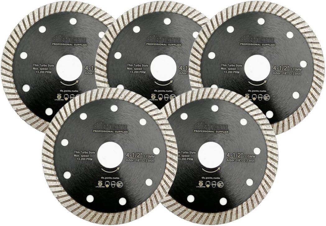 SHDIATOOL Diamond Super Thin Blade Wheel Disc for Porcelain Ceramic Tile Granite 5PK Dia 115MM / 4.5 Inch Turbo Cutting Disc
