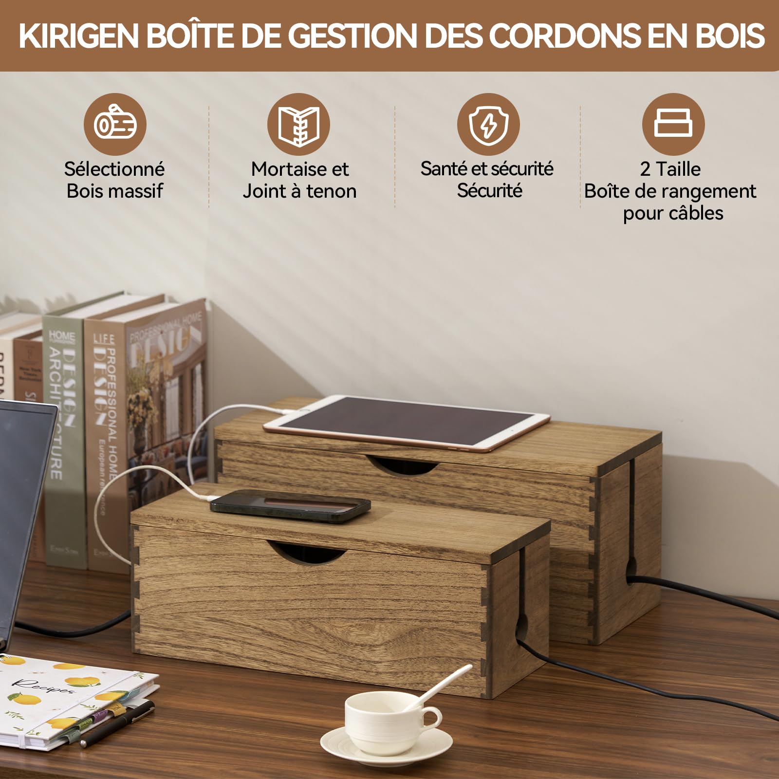 KIRIGEN Boîte à câbles en Bois Massif, Lot de 2 Grande boîte à câbles pour Prises, chargeurs et Rangement de câbles, Router-Organiz Jaune-Brun